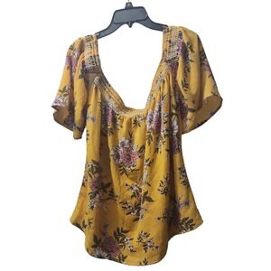 Blue Rain Floral Off Shoulder Top Smocked Neckline Yellow‎ Blouse Size M